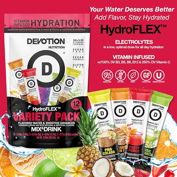 Devotion Nutrition HydroFLEX Packets | Vitamin Infused Hydration Powder | Water Enhancer Drink Mix | Sugar Free, Gluten Free, Vegan | 12 Pack (4 Flavor Variety)