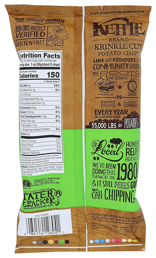 Kettle Brand Potato Chips, Krinkle Cut Dill Pickle Kettle Chips, 5 Oz