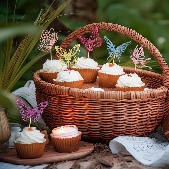 24 PCS Glitter Butterfly Cupcake Toppers Butterfly Theme Party Decoration for Wedding Baby Shower Birthday Party