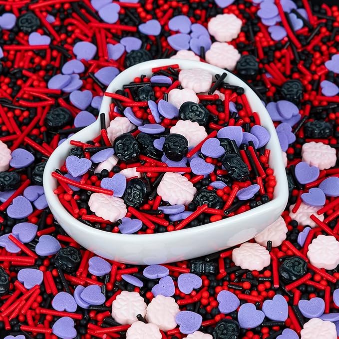 Edible Halloween Sprinkles,Purple Heart Pink Brain and Black Skull Monster, Red Black Pearls and Jimmies Mixed,130g/4.58ounce ,Perfect for Cake Decorations, Baking, Ice Cream, Cookies, Cupcake Topper,Halloween Supplies Children's Party