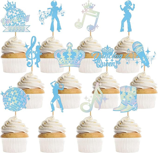 24Pcs Dance Queen Cupcake Toppers, Blue Disco Ball & Music Note Cupcake Decorations, Girl's 17th Birthday Party Supplies, Vintage Disco Theme