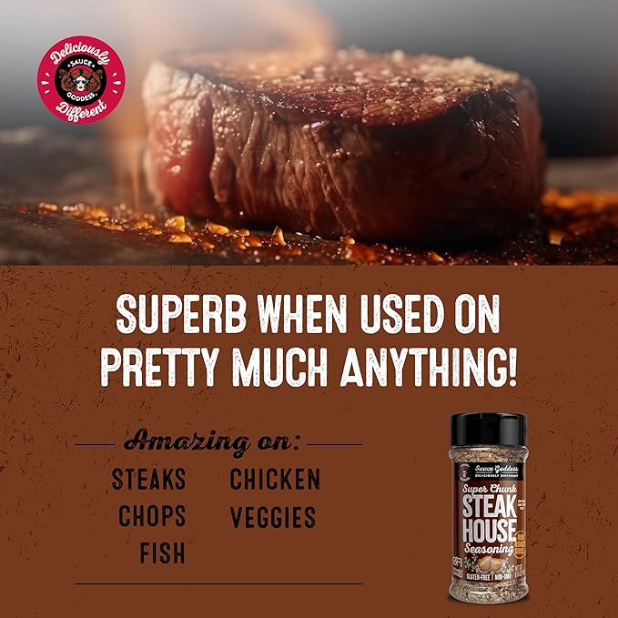 Sauce Goddess - Super Chunk Steakhouse Spice Shaker - Steak Seasoning, BBQ Rub for Chops, Chicken & Veggies, Gluten-Free, Vegan, No Sugar - 6.15 oz