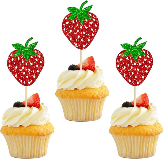 24 Pack Strawberry Cupcake Toppers Glitter Birthday Strawberry Cupcake Picks for Fruit Baby Shower Kids Birthday Summer Berry Cupcake Decorations Party Supplies Red