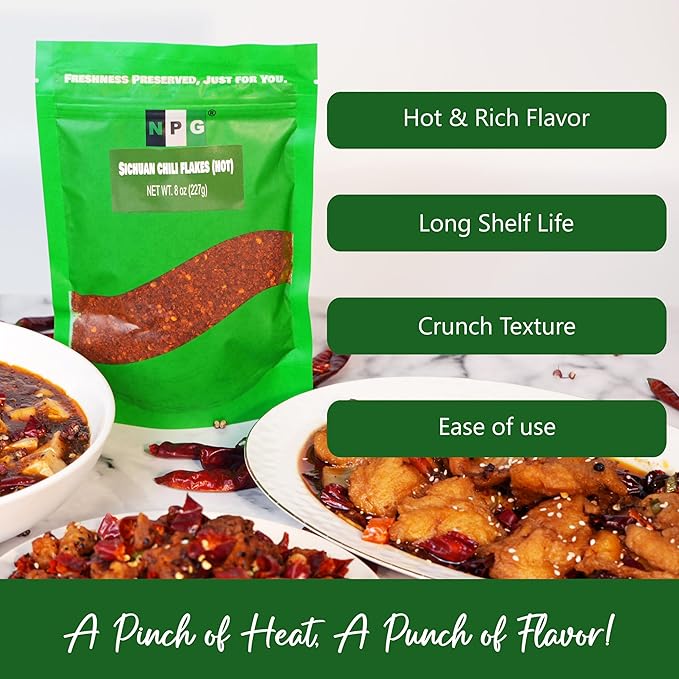 NPG Authentic Sichuan Chili Flakes 8 Ounce, Extra Hot, Szechuan Crushed Red Pepper Flake Bulk, Essential Spice Seasoning for Making Kimchi, Chili Oil, Stir-fry, Pizza, Salads, and Tacos