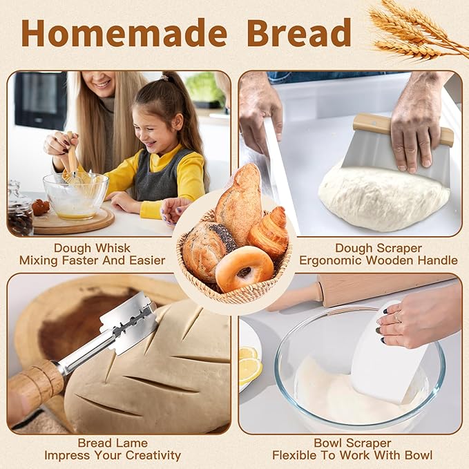 Banneton Bread Proofing Basket,Sourdough Bread Baking Supplies,Sourdough Starter Kit with 9" Round Banneton Basket,Perfect Banneton Basket Gift Set for Making Beautiful Bread