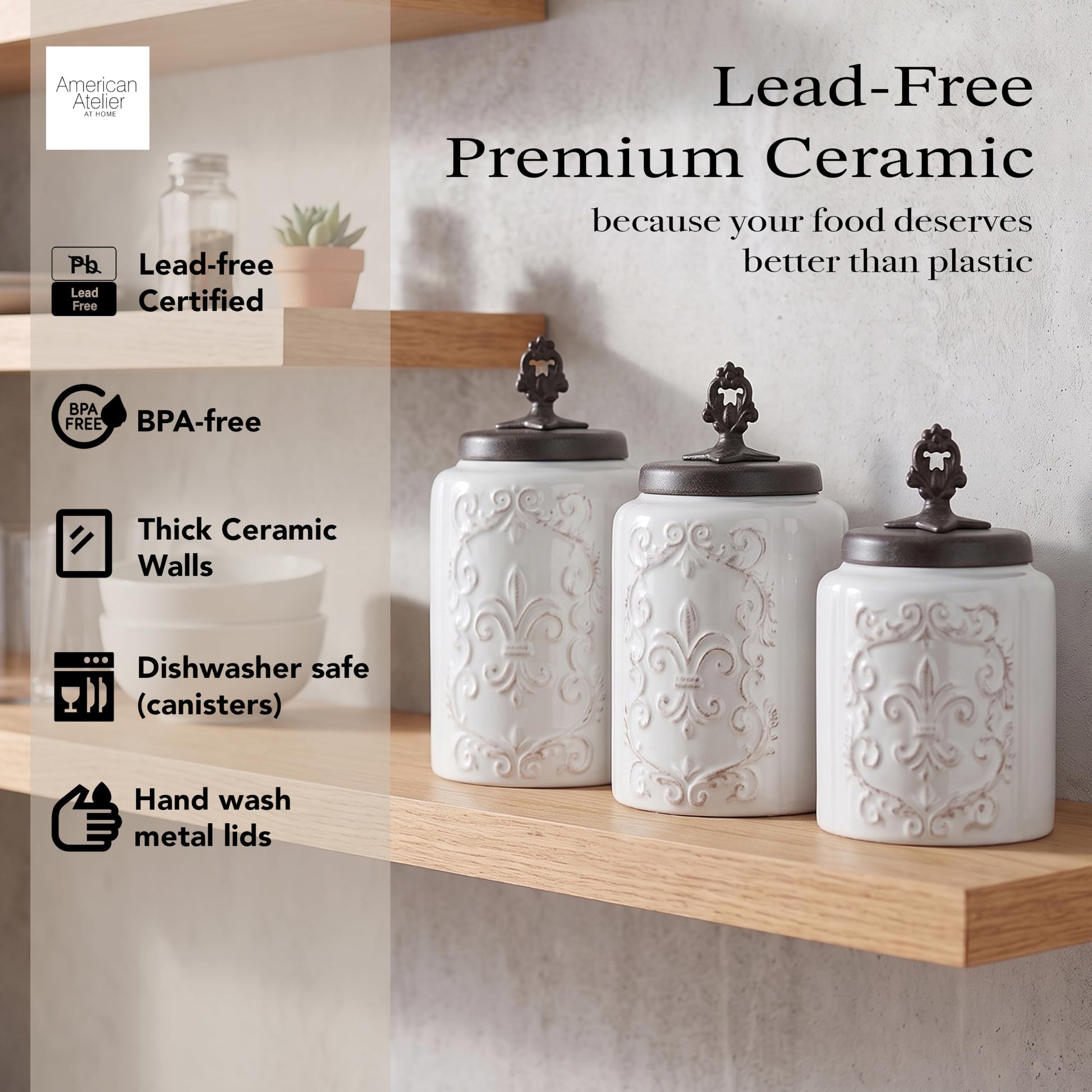 American Atelier Fleur de Lis White Canister Set 3-Piece Ceramic Jars in 84.5oz, 74.5oz, & 60oz