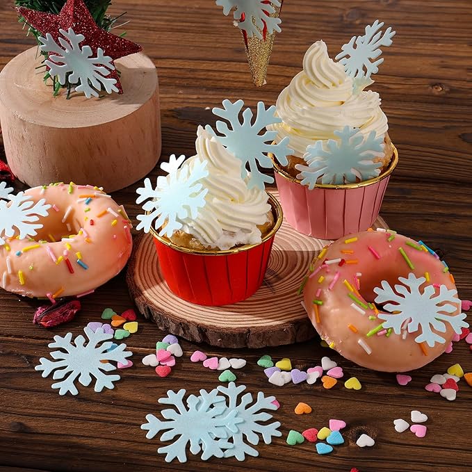 THJ 50PCS Edible Snowflakes Cupcake Toppers Blue Snowflakes Cake Decorations Wafer Paper Snowflake Cake Sprinkles for Christmas Winter Holiday Frozen Theme Party Supplies