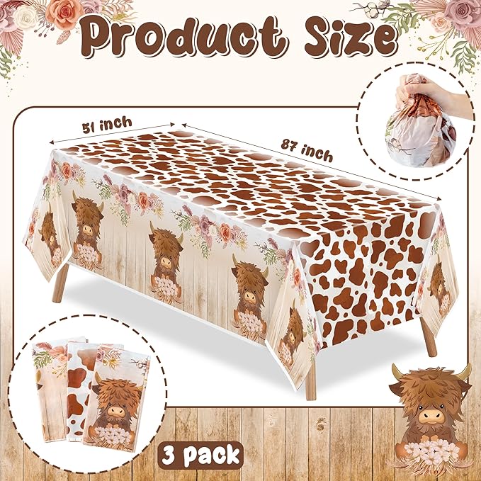3Pcs Highland Cow Party Tablecloths, Brown Highland Cattle Birthday Table Cover, Brown Cow Print Themed Party Decorations Plastic Disposable Rectangular Table Cloth Decor for Kids Birthday Baby Shower