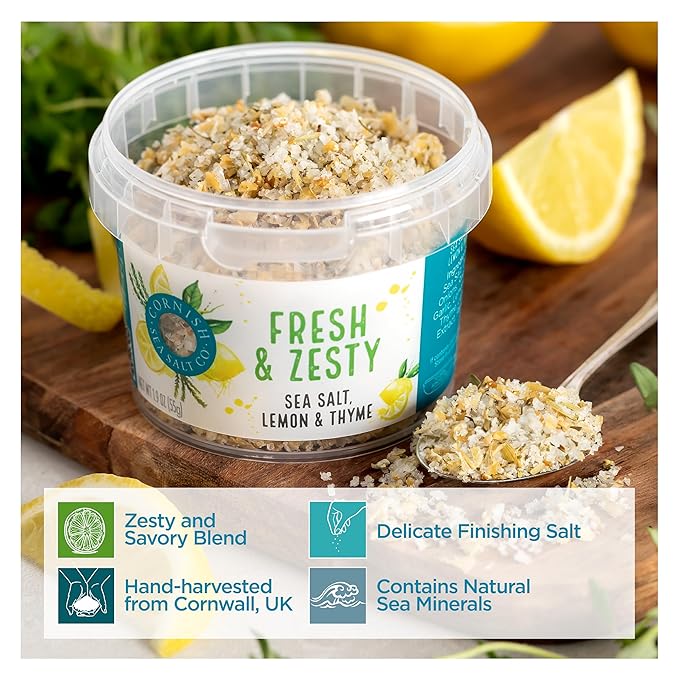 Cornish Sea Salt Fresh & Zesty Seasoning| Sea Salt Flakes w. Lemon & Thyme | Hand-Harvested in Cornwall, England | 1.9 oz Resealable Tub (Pack of 1)