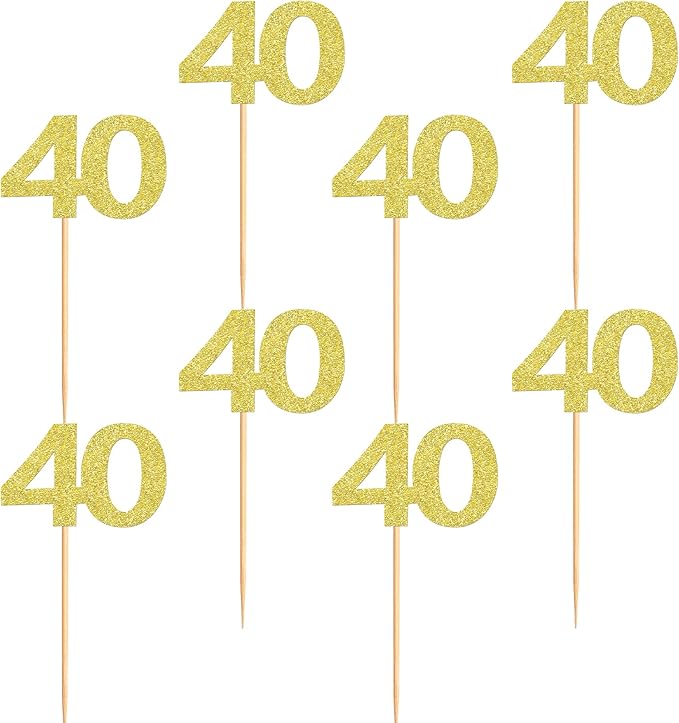 24PCS Gold Glitter 40th Birthday Cupcake Toppers Number 40 Birthday Celebrating Cake Decorations Supplies for Anniversary Party