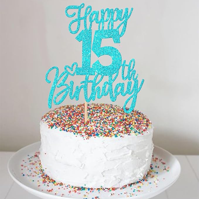 1 PCS Happy 15th Birthday Cake Topper Glitter Cheers to 15 Years Birthday Cake Pick Sweet 15 Fabulous Cake Decoration for Happy 15th Birthday Anniversary Theme Party Decorations Supplies Blue