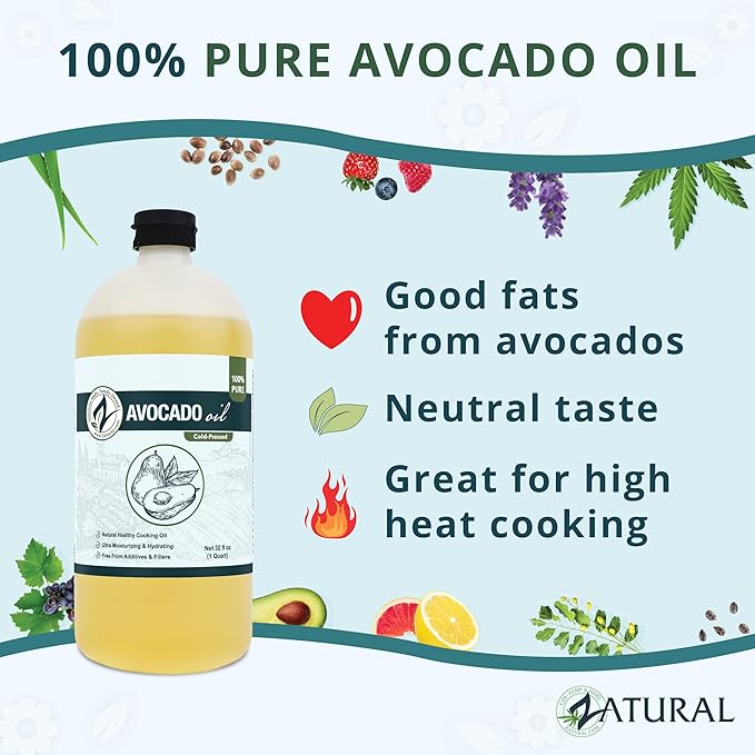 Zatural 100% Avocado Oil Pure Natural without Additives, Clean, Cold Pressed, Non-GMO, Vegan: For Cooking, Frying, Baking and for Sauces, Dressings, Marinades, Salads (32 Ounce)