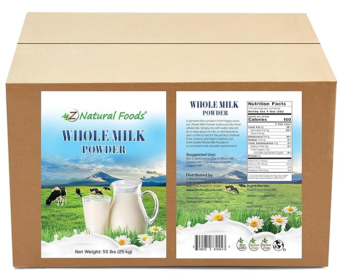 Z Natural Foods Premium Whole Milk Powder - Powdered Milk for Baking, Cooking, Drinks - Dry Milk Powder, Pasteurized, Non-GMO, Gluten-Free, Kosher-Certified, 55 lbs