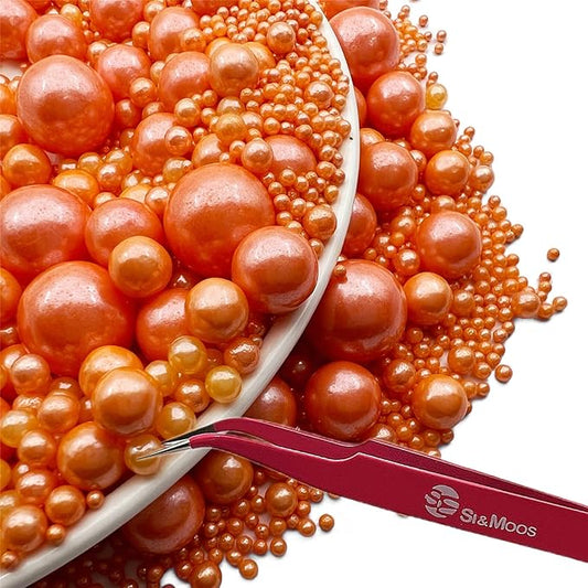 SE Si&Moos Orange Edible Pearls Orange Pearl Sprinkles for Cake Decorating Edible Cake Sugar Pearls Halloween Christmas Cookie Decorations Edible Cake Decorations for Cakes,Cupcakes Toppers 3.5 OZ with Tweezers