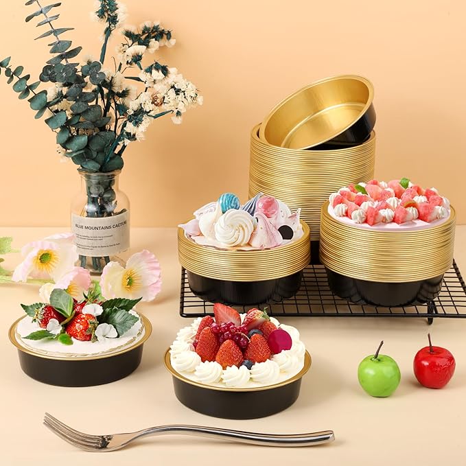 Beasea Aluminum Ramekins 200 Pack, 4" 7.3oz 215ml Disposable Baking Foil Cups Mini Ramekin Cup No Lids Cupcake Aluminum Baking Cups for Party - Black Gold