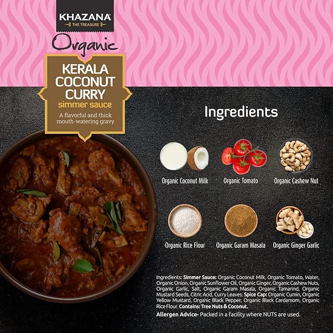 Khazana ORGANIC Kerala Coconut Curry Indian Simmer Sauce - 6 x 12.7oz Jars | Non-GMO, Vegan, Gluten Free, Kosher | Authentic Indian Meals Made Easy at Home!