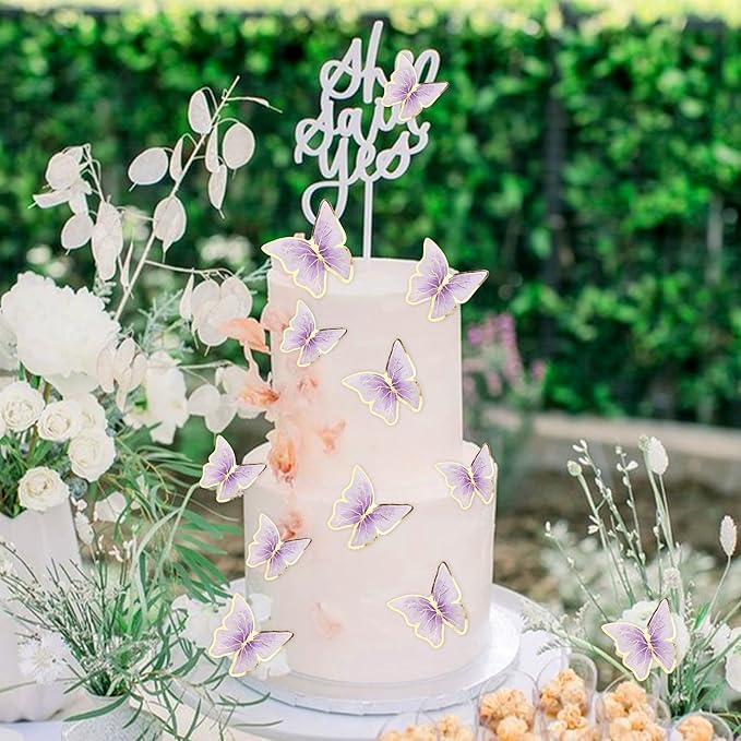 30PCS Butterfly Cake Toppers 3D Purple Gold Butterfly Cupcake Toppers Birthday Party Cake Decorations Supplies for Anniversary Wedding Party Baby Shower Wall Decor