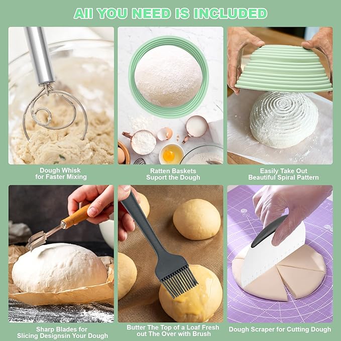 Sourdough Bread Baking Supplies, Silicone Banneton Bread Proofing Basket Set of 2, 9 Inch Round & 10 Inch Oval Foldable Sourdough Proofing Basket, Sourdough Starter Kit, Bread Making Tools (Green)