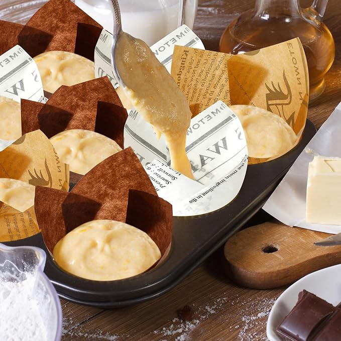 800 Pcs Tulip Cupcake Liners Baking Cups Muffin Baking Cupcake Liners Wrappers Greaseproof Tulip Cups Holders for Party Wedding Birthday Baby Showers(Newspaper,Mocha Style)