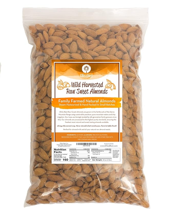 Raw Almonds Sweet Wild Harvested - Bulk - Naturally Steam Pasteurized 100% Natural Almonds - Family Farmed Since 1875 - Raw 10lb Box From Ellie's Best ??"<div>
