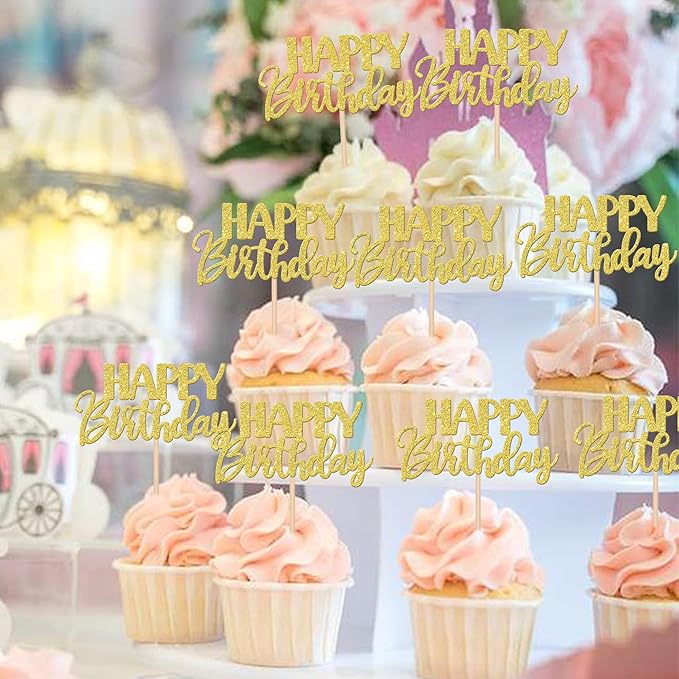 30 PCS Happy Birthday Cupcake Toppers Glitter Happy Birthday Cupcake Picks for Celebrating Anniversary Theme Party Cake Decorations Supplies Gold