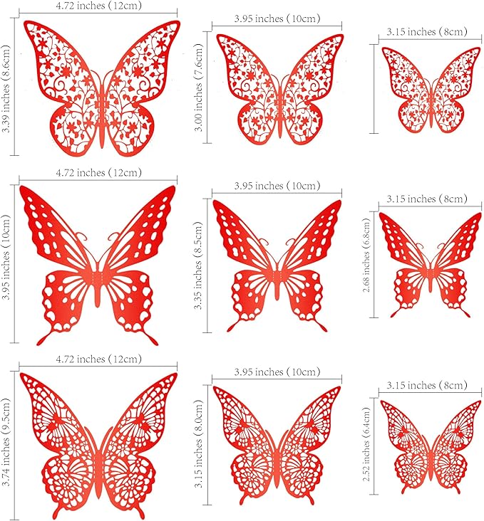 Gyufise 36 Pack Red Glitter 3D Butterfly Cupcake Toppers Hollow Cake Decorations for Birthday Wedding Fairy Party Wall Sticker Decal