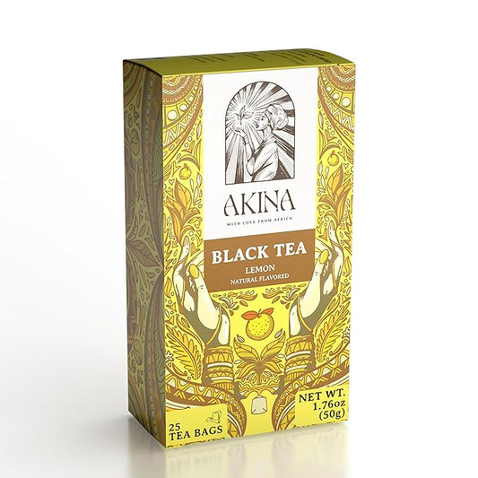 Akina Single-Origin Lemon Black Tea Bags | 100% Naturally Flavored Fruit Tea, Kenyan Origin, Gourmet (25 String & Tag Bags, 50g)