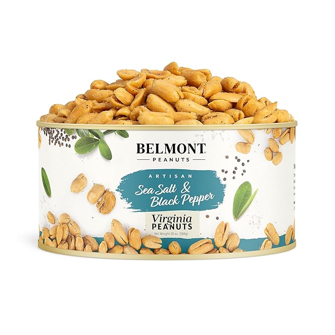 Belmont Peanuts Gourmet Sea Salt and Black Pepper Flavored Virginia Peanuts, 20 oz (1 Pack) ??Only 4 Simple Ingredients, No Preservatives, 7g Protein ??Salty, Peppery, Crunchy, Hand Seasoned Snack