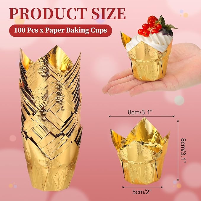 uxcell 100 Pcs Tulip Cupcake Liners, Muffins Liners Aluminum Foil Cupcake Wrappers Baking Cups Muffins Liners for Wedding Birthday Party Supplies, Gold