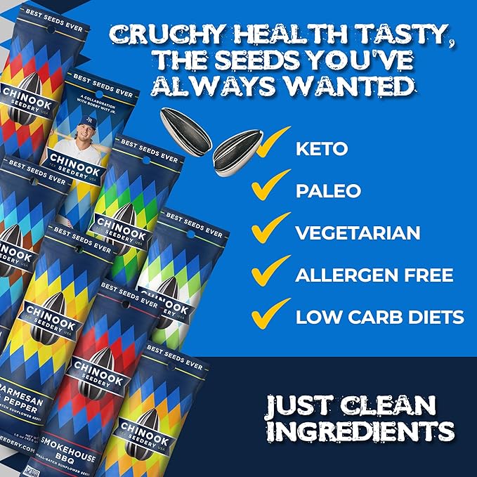Chinook Seedery Roasted Sunflower Seeds to Eat - 8 Flavor Sampler Pack 1.5 oz (Pack of 8) Jumbo Low Sodium Sunflower Seeds Keto Snacks - Adventure, Baseball, School Snacks -Gluten Free, Non GMO Snacks