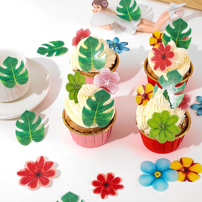 YOcity 83pcs Edible Monstera Tropical Leaves Flowers Cake Toppers Tropical Palm Leaves Flowers Cupcake Toppers Decorations for Jungle Hawaii Theme Baby Shower Kids Birthday Party Supplies