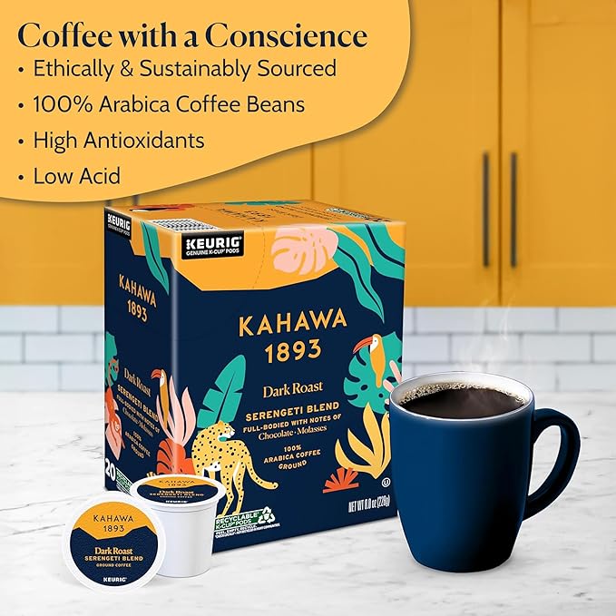 Kahawa 1893 Dark Roast Coffee K-Cup Pods Serengeti Blend (20 Count) - As Seen on Shark Tank, Low Acid, High Antioxidants, Naturally Sweet, Organically Grown, Ethically & Sustainably Sourced