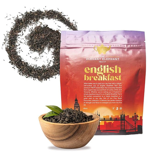 English Breakfast Tea, Organic Loose Leaf Black Tea ??Robust, Full-Bodied, Classic Blend ??Drink Hot or Iced ??4 oz Resealable Bag (Makes 50 Cups) ??The Elegant Elephant