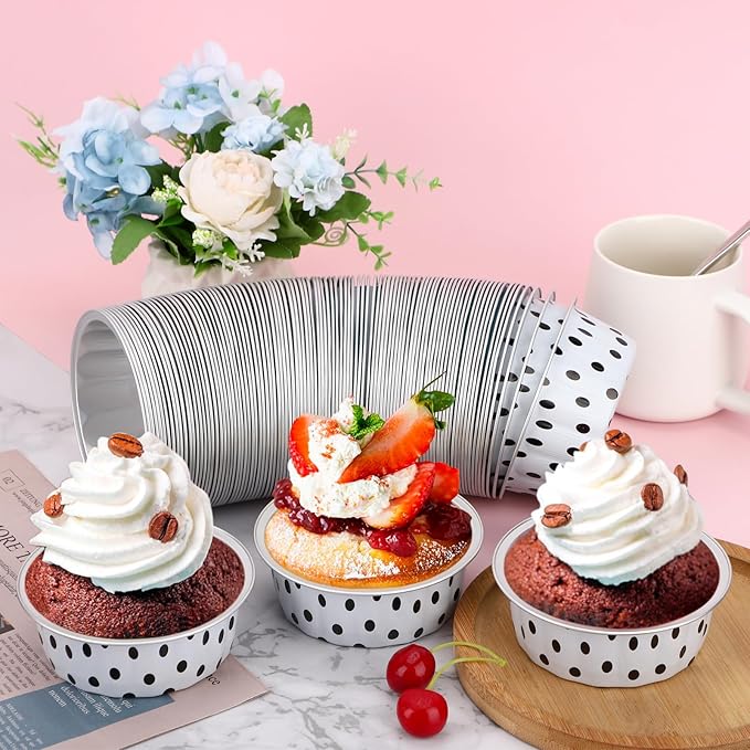 Beasea 8oz Aluminum Ramekins 100 Pack, 3.9" Disposable Baking Foil Cups Mini Ramekin Cup Cupcake Aluminum Baking Cups for Party - Black Dot in White