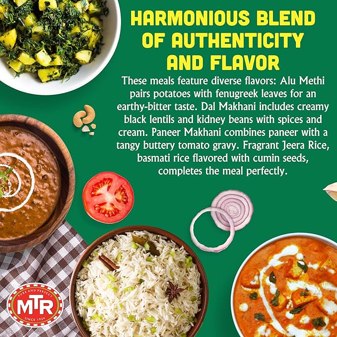 MTR Ready-To-Eat: Dhaba Mix - Assorted Pack of 4 (Alu Methi, Dal Makhani, Paneer Makhani, Jeera Rice) - Authentic Indian Food with No Added Preservatives - Suitable for Vegetarians
