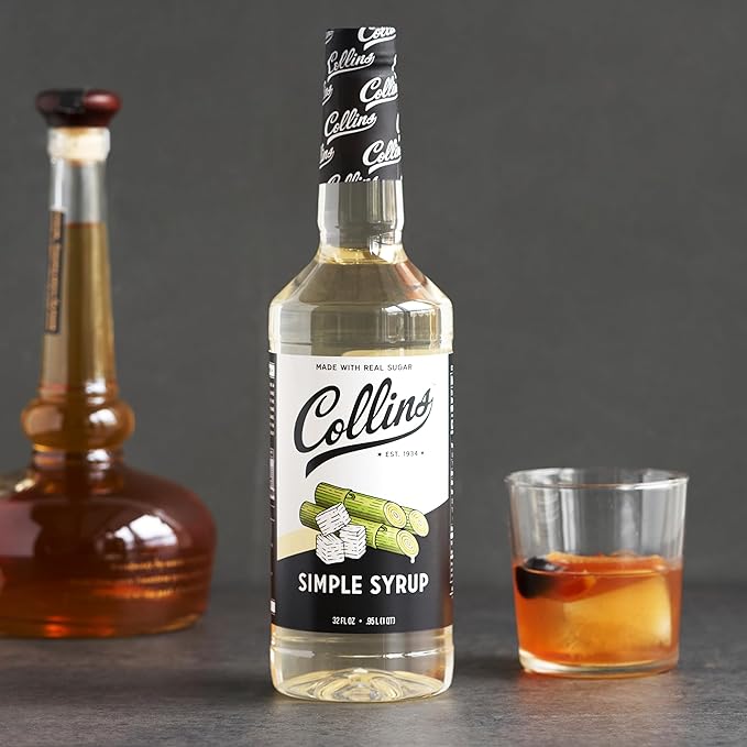Collins Simple Syrup, Classic Simple Syrup, Real Sugar Cocktail Syrups, Soda Water Flavors, Cocktail Mixers, 32 Ounces, Set of 1