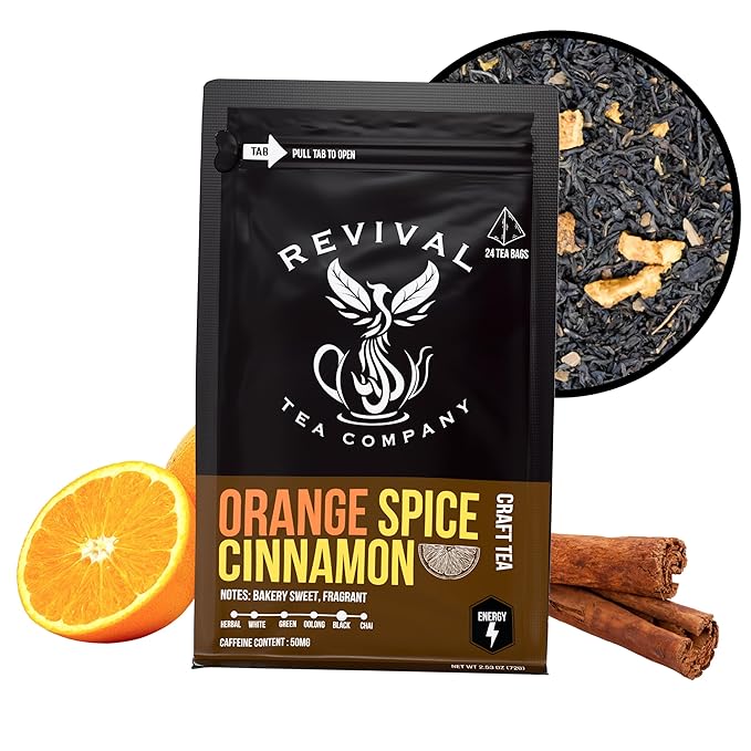 Revival Tea Company Orange Spice Black Tea Bags ??Cinnamon Orange Tea Blend with Real Citrus Peel ??Caffeinated Herbal-Infused Tea for Energy & Immune Support ??Bold Spiced Flavor (24 Count)