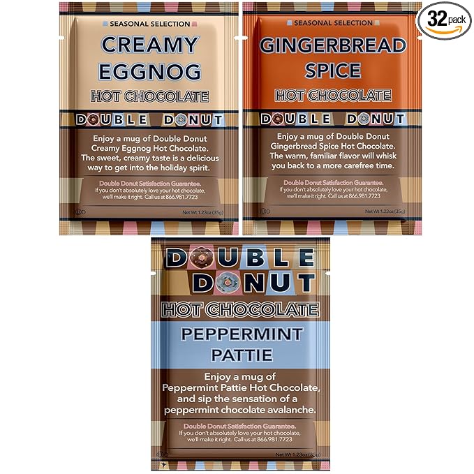 Double Donut Holiday Hot Chocolate Packets Variety Pack, 32 Count Seasonal Flavored Hot Cocoa Packets Includes Creamy Eggnog, Gingerbread Spice, Peppermint Patty & Pumpkin Spice