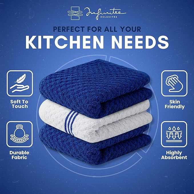 Infinitee Xclusives Premium Kitchen Towels ??Pack of 3, 100% Cotton |15 x 25| Inches Absorbent Dish Towels - Terry Kitchen Dishcloth Towels - Blue Dish Cloth for Household Cleaning
