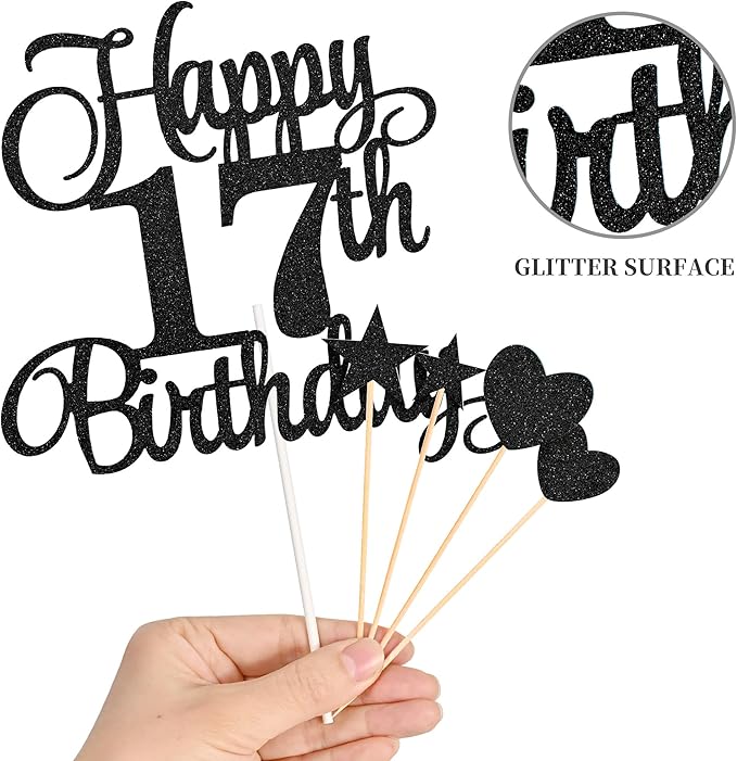 17th Birthday Cake Decorations, 17th Birthday Candles Cake Numeral Candles and Glitter Happy 17th Birthday Cake Toppers Set for Birthday Party Supplies (Black)