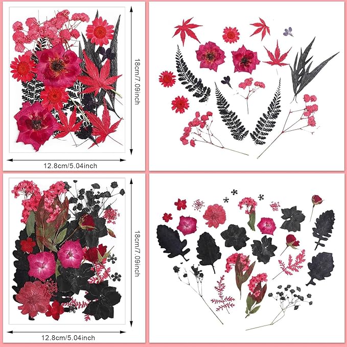 Nuanchu Pressed Flowers Bulk Dried Flower for Crafts, Dried Wildflowers Leave Natural with Tweezer for Resin Mold Scrapbooking Nail Soap Making DIY(Stylish Style,Red Color)