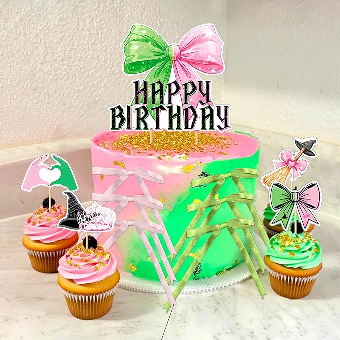 Witch Birthday Cake Decorations Pink Green Cupcake Toppers Pink and Green Birthday Party Supplies Cake Decorations