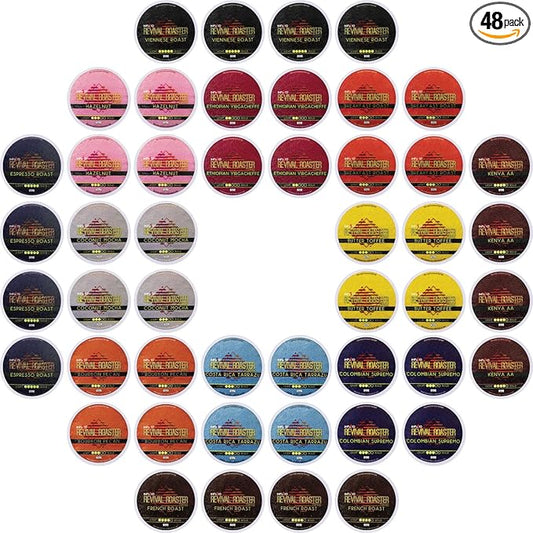 InfuSio Coffee Pods Variety Pack – 48 Count, 12 Crafted Medium & Dark Roast Blends and Artisan-Inspired Flavors Like Bourbon Pecan & Butter Toffee, Revival Roaster Collection, Compatible with Keurig 2.0 Brewers