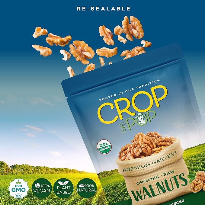 CROP BY POP - Organic Raw Walnuts Halves & Pieces (32 Oz - 2 LB) Packed Fresh in Resealable Bag - USDA Organic, Non GMO - Naturally Grown, Vegan, Kosher
