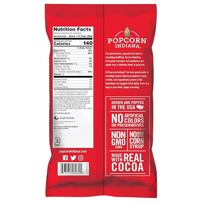 Popcorn Indiana Black & White Fudge Drizzle Chocolate Popcorn (6 oz Bags ??6 Pack) Pre-Popped Popcorn Made with Real Cocoa, Gluten Free, No Artificial Flavors, Perfect for Movie Nights or Snacks