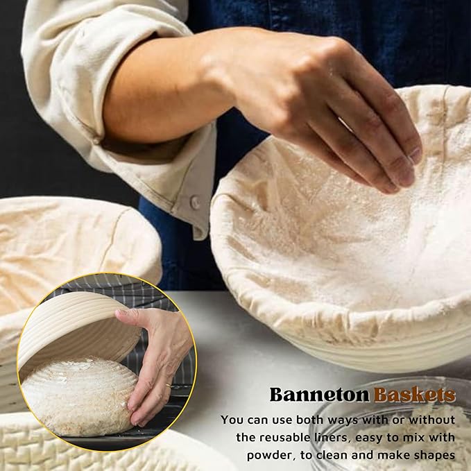 Bread Proofing Baskets Set of 2, Round Shaped Dough Proofing Bowls Linerssourdough starter kit sourdough bread baking supplies Bread (round set 2 9in)
