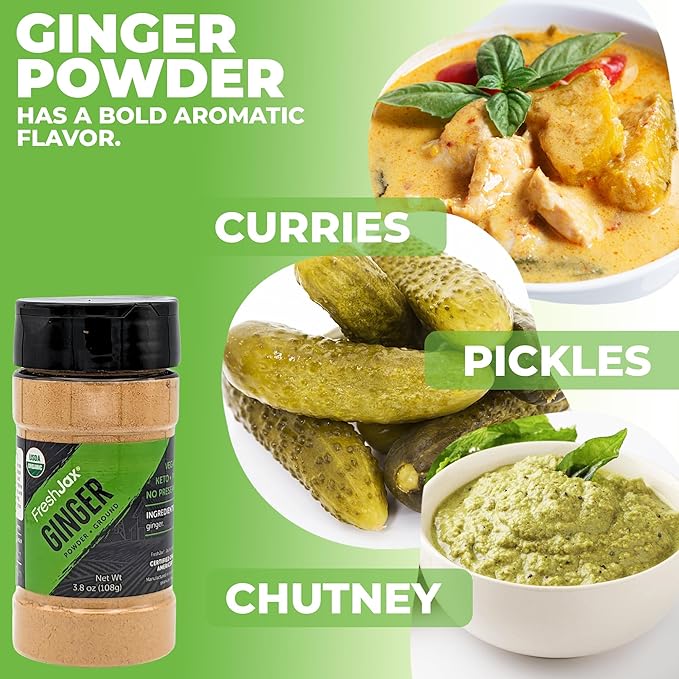 FreshJax Organic Ginger Root Powder – 3.8 oz BPA-Free Bottle, Certified Organic, Non-GMO, Gluten-Free, Keto, Paleo, No Preservatives – Ground Ginger Spice for Cooking, Baking & Smoothies