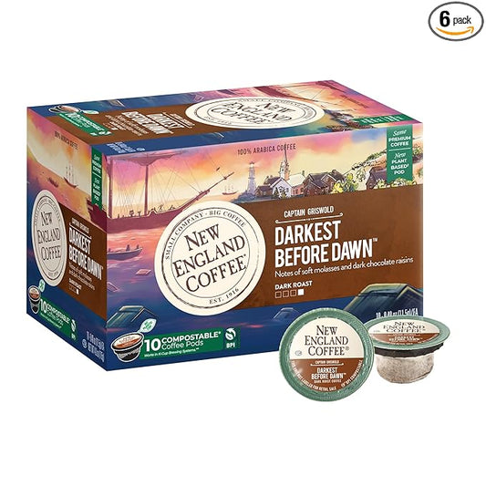 New England Coffee Darkest Before Dawn Dark Roast Single Serve Pods, 10ct Box (Pack of 6)