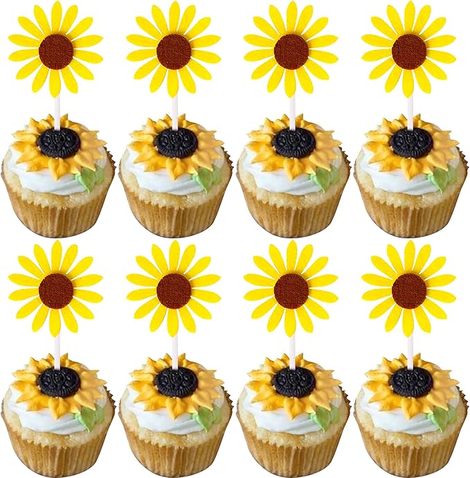30 Pack Sunflower Cupcake Toppers Glitter Baby Shower Sunflower Cupcake Picks for Gender Reveal Theme Baby Shower 1st Birthday Party Cake Decorations Supplies Yellow