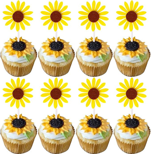 30 Pack Sunflower Cupcake Toppers Glitter Baby Shower Sunflower Cupcake Picks for Gender Reveal Theme Baby Shower 1st Birthday Party Cake Decorations Supplies Yellow
